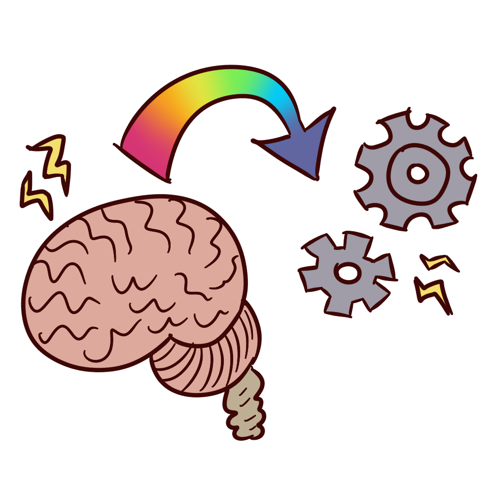 a rainbow arrow pointing from a brain to two gears